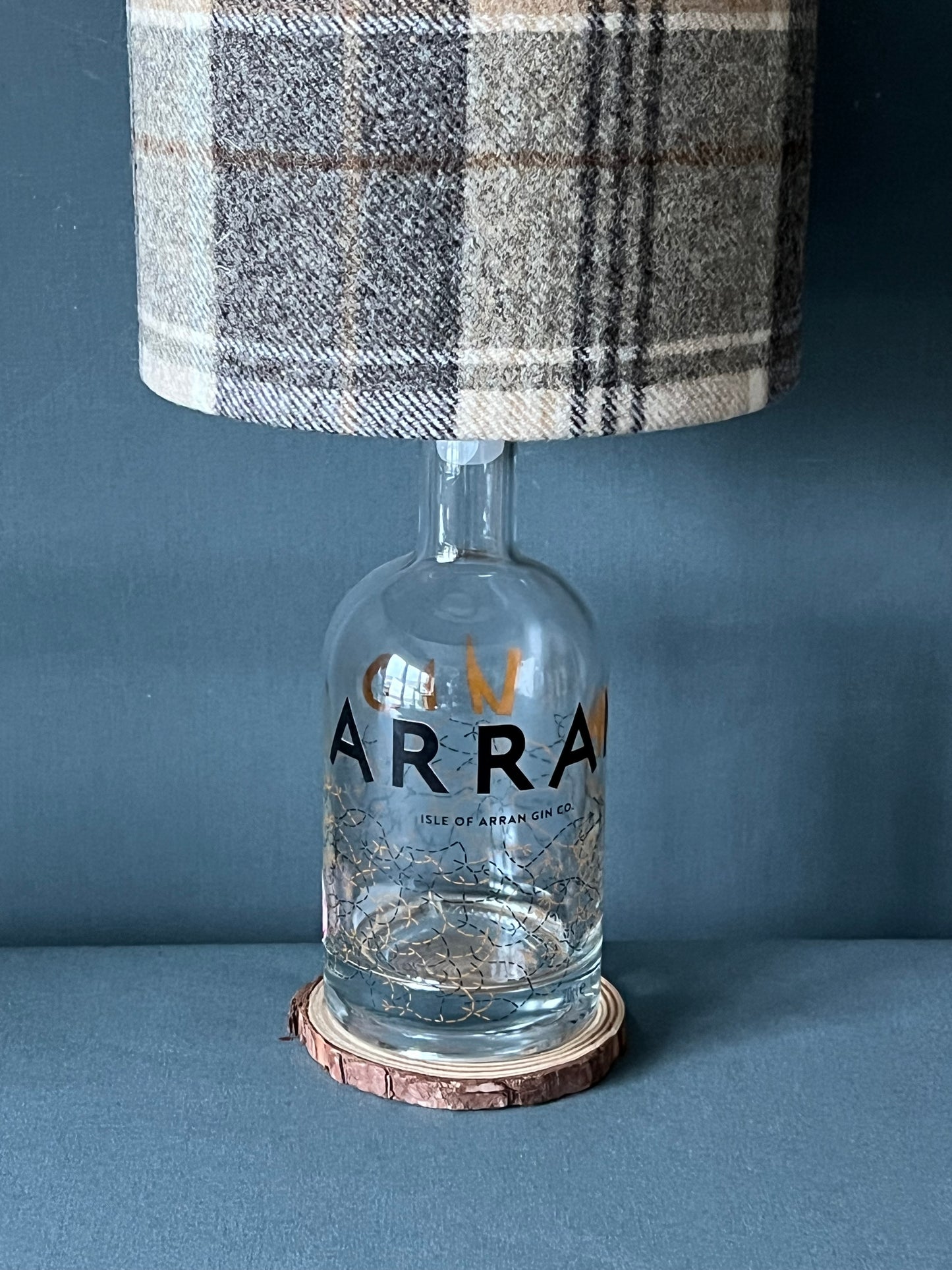 Isle of Arran Gin Bottle 'paired' with Brown Check Lampshade