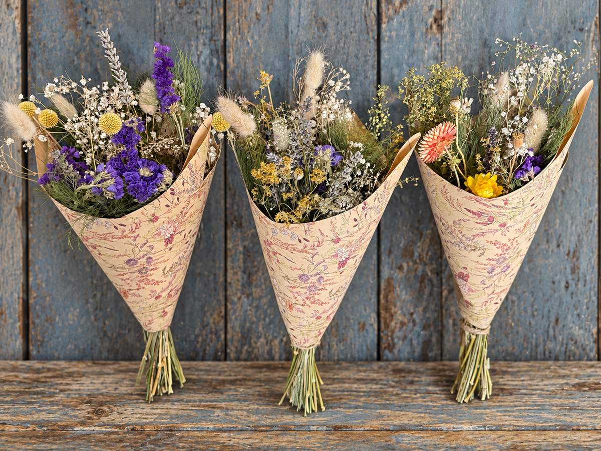 Three example mini dried flower bouquets, each sold individually, handmade by Home Farm Flowers & Crafts