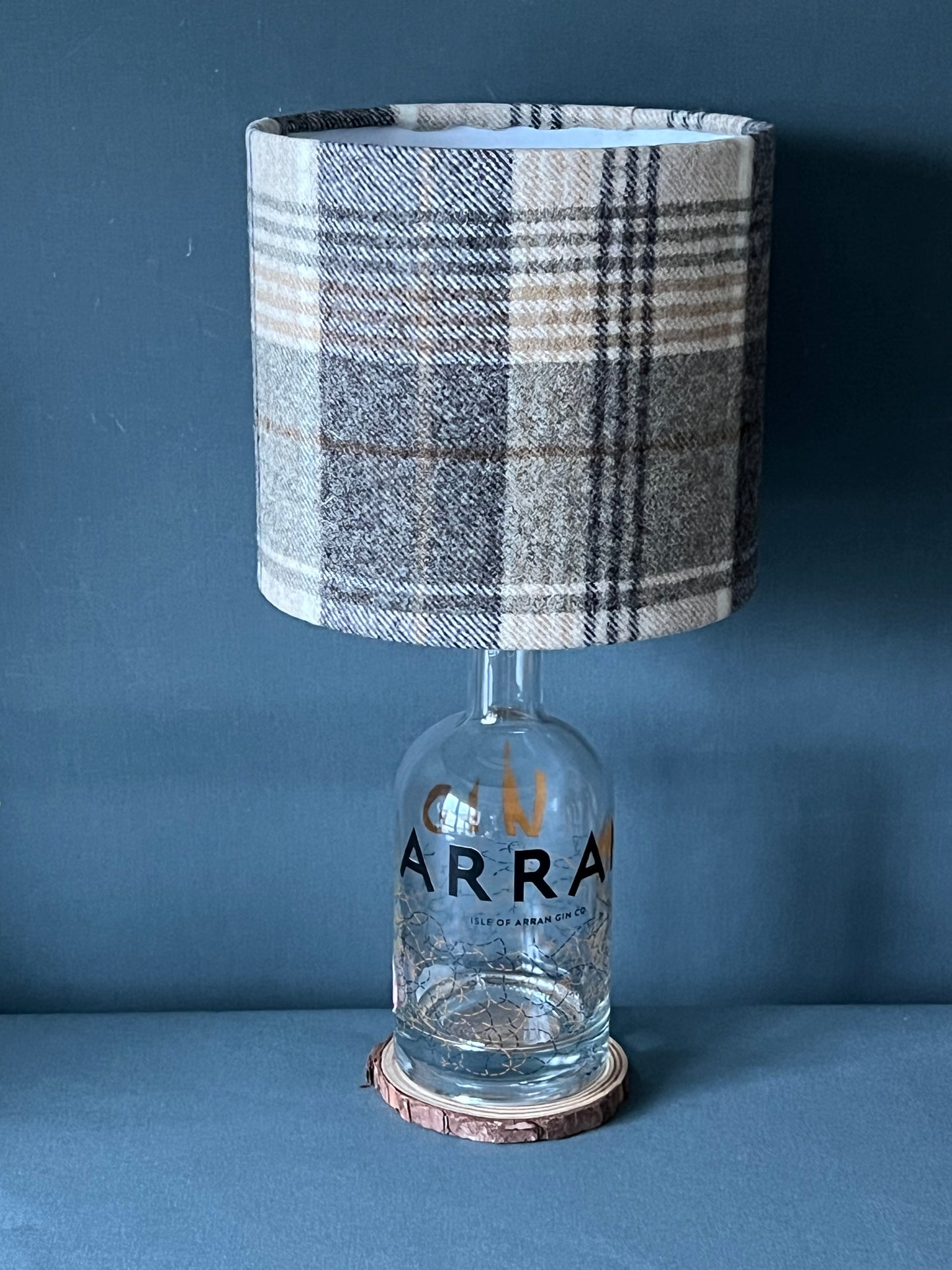 Isle of Arran Gin Bottle 'paired' with Brown Check Lampshade