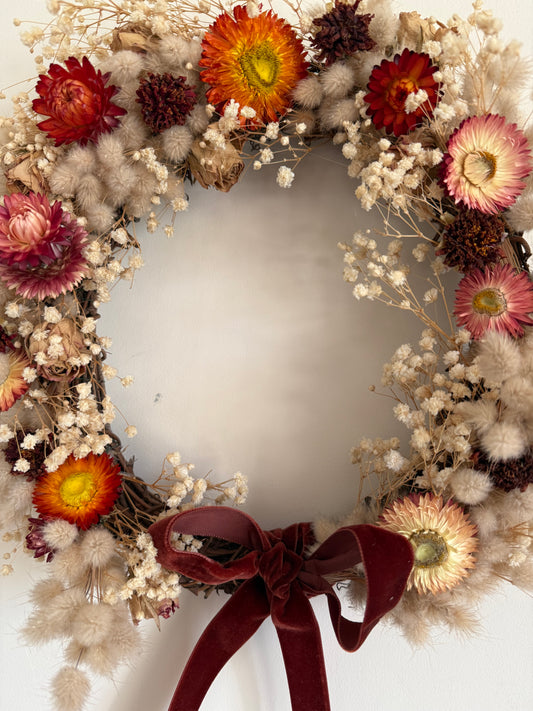 Luxury Autumnal Dried Flower Wreath - Scottish Handmade with Velvet Ribbon