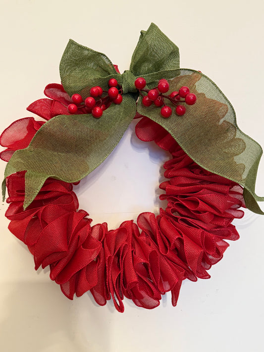 Scottish Handmade Red Burlap Christmas Wreath with Green Bow & Red Berries