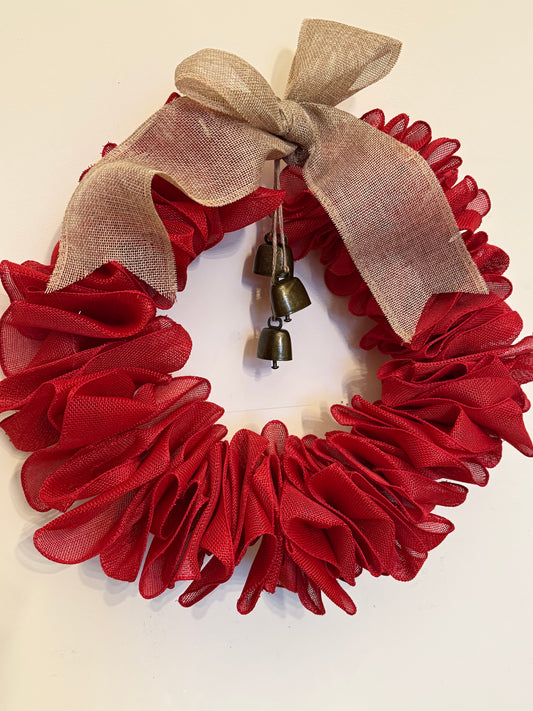Scottish Handmade Red Burlap Christmas Wreath with Natural Bow & Bells