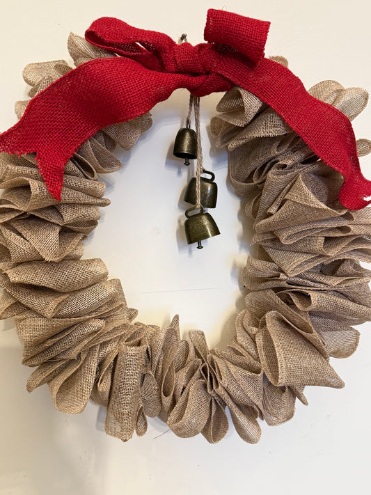 Scottish Handmade Natural Burlap Christmas Wreath with Red Bow & Bells