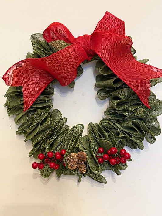 Scottish Handmade Green Burlap Christmas Wreath with Red Bow, Berries & Pine Cones