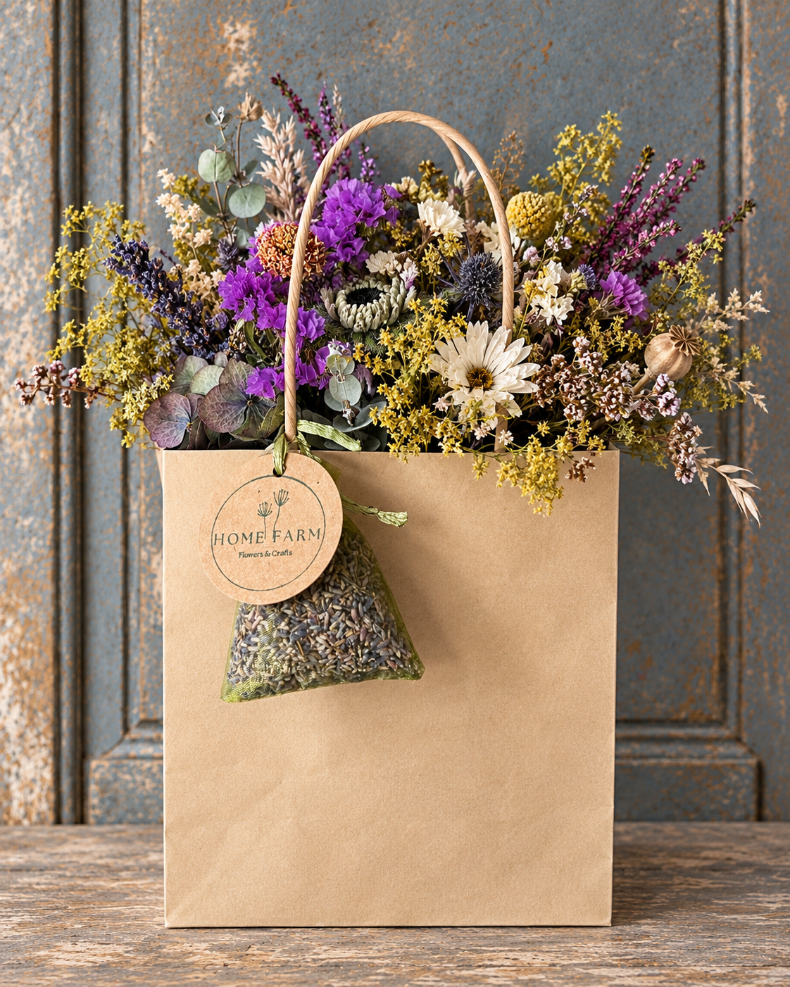 Handmade Scottish dried flower gift bag by Home Farm Flowers & Crafts, arranged in a kraft gift bag with mixed seasonal dried flowers.