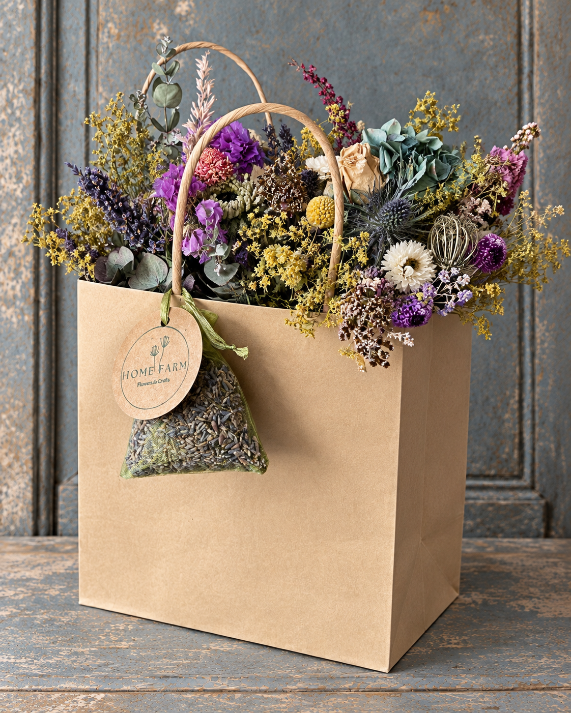 Handmade Scottish dried flower gift bag by Home Farm Flowers & Crafts, arranged in a kraft gift bag with mixed seasonal dried flowers.