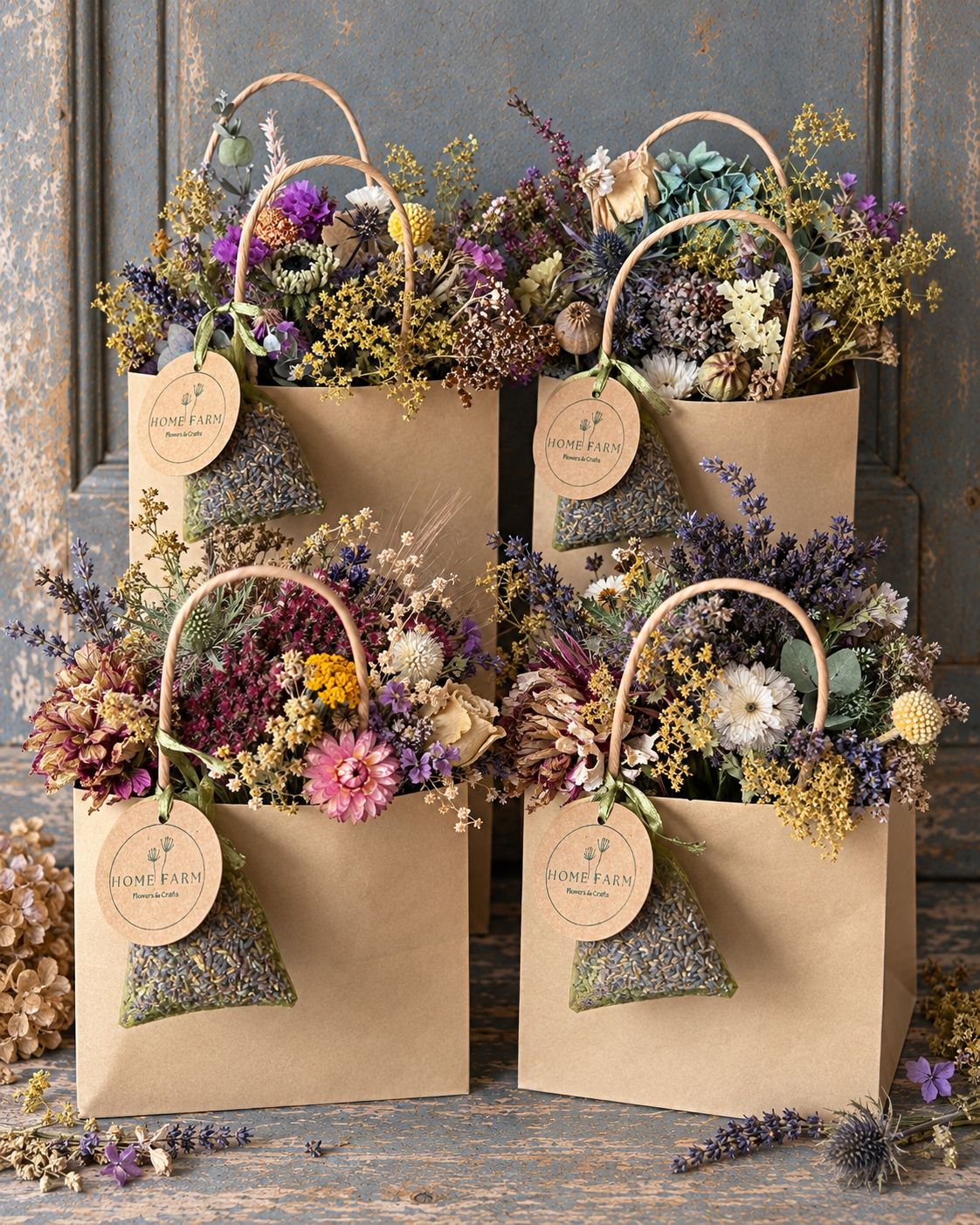 Collection of four handmade Scottish dried flower gift bags by Home Farm Flowers & Crafts, each filled with seasonal dried flowers and presented in kraft bags.