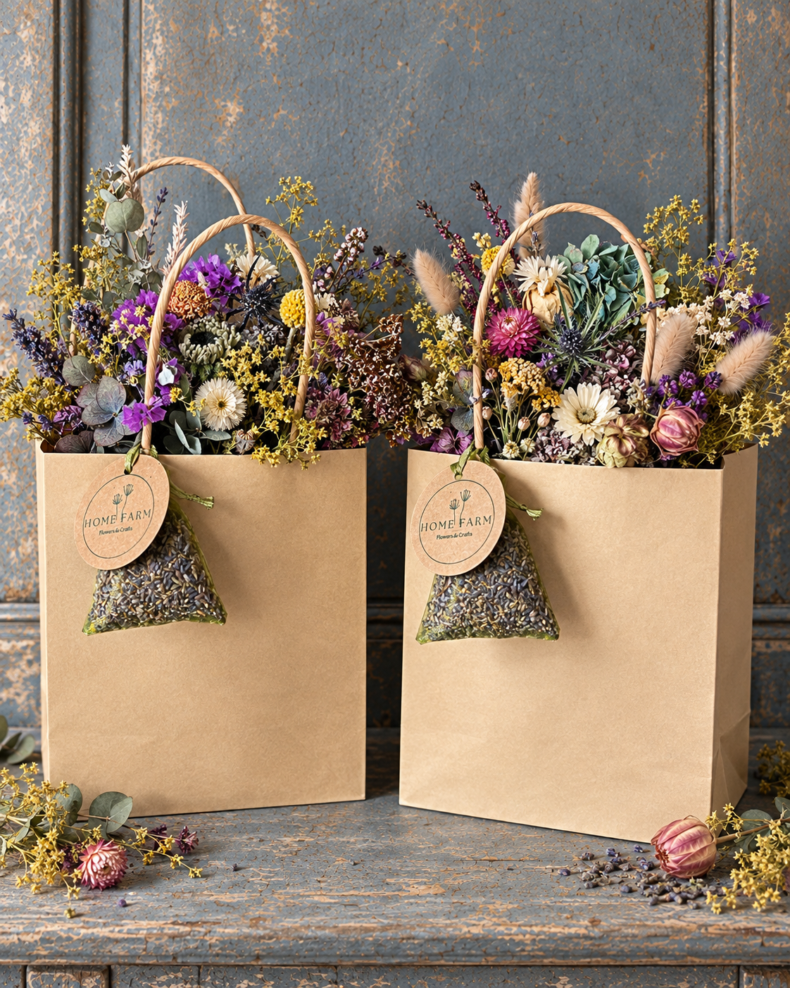 Two handmade Scottish dried flower gift bags by Home Farm Flowers & Crafts, presented in kraft bags and filled with seasonal dried flowers.