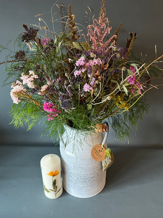 Scottish grown dried flower gift set arranged in a zinc milk urn with handmade botanical candle & lavender bag