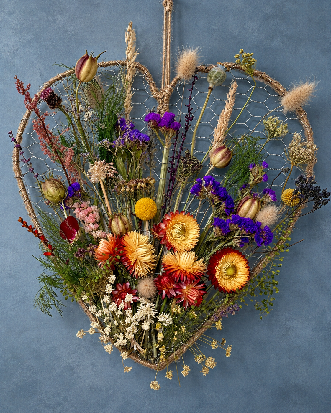 Handmade Scottish dried flower heart with seasonal flowers and grasses by Home Farm Flowers & Crafts