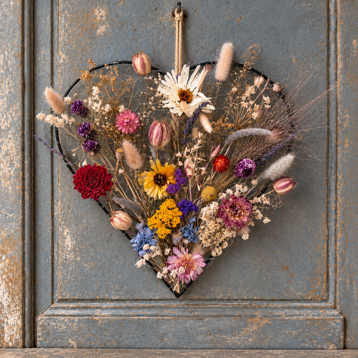 Scottish dried flower heart wreath wtih dried flowers & grasses