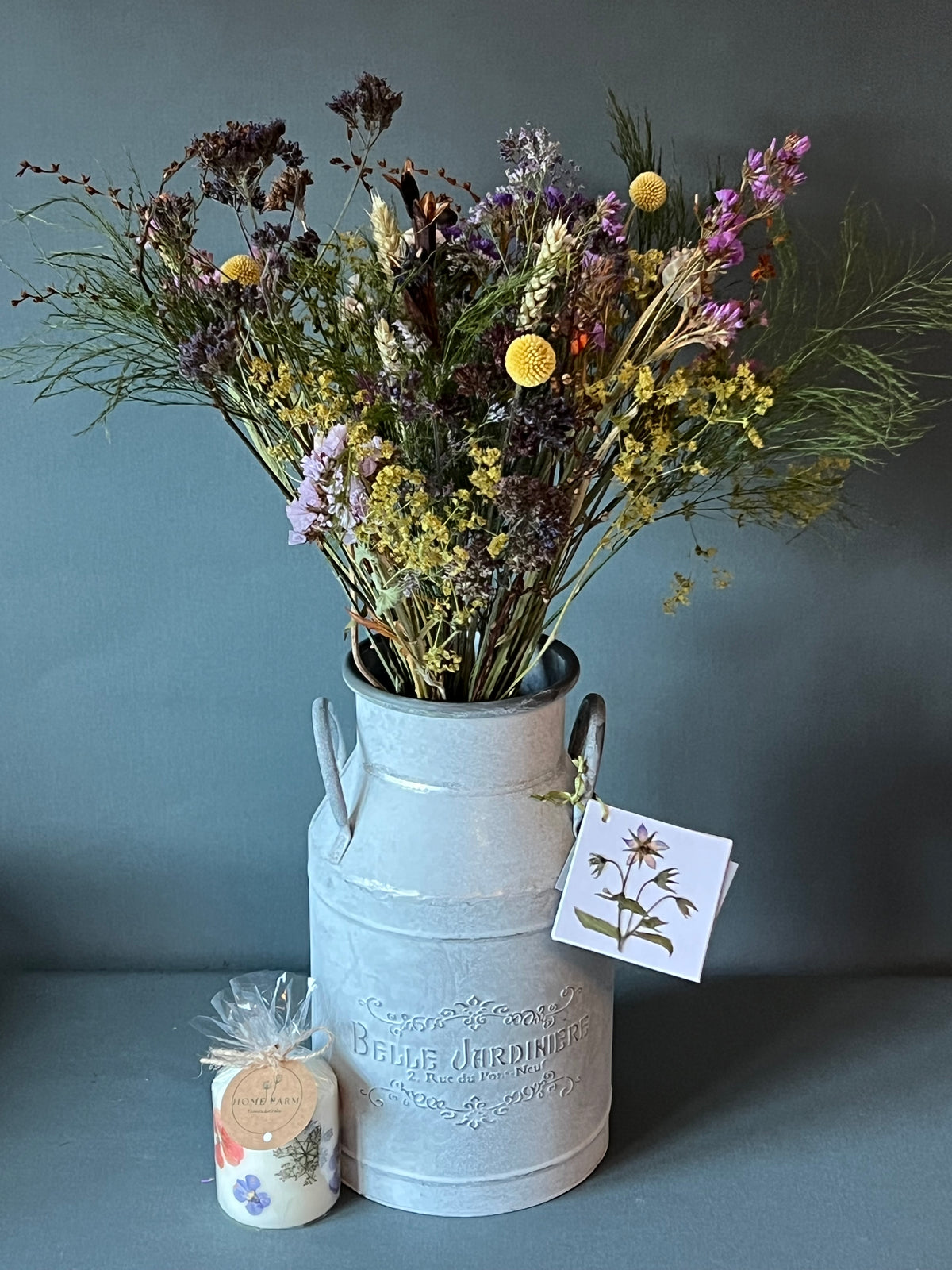 Scottish grown dried flower gift set arranged in a zinc milk urn with handmade botanical candle & lavender bag
