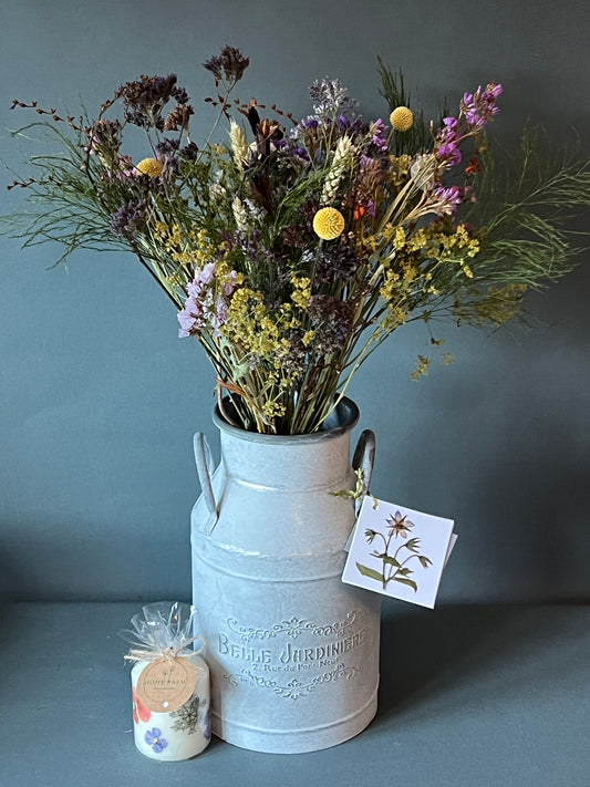 Scottish grown dried flower gift set arranged in a zinc milk urn with handmade botanical candle & lavender bag