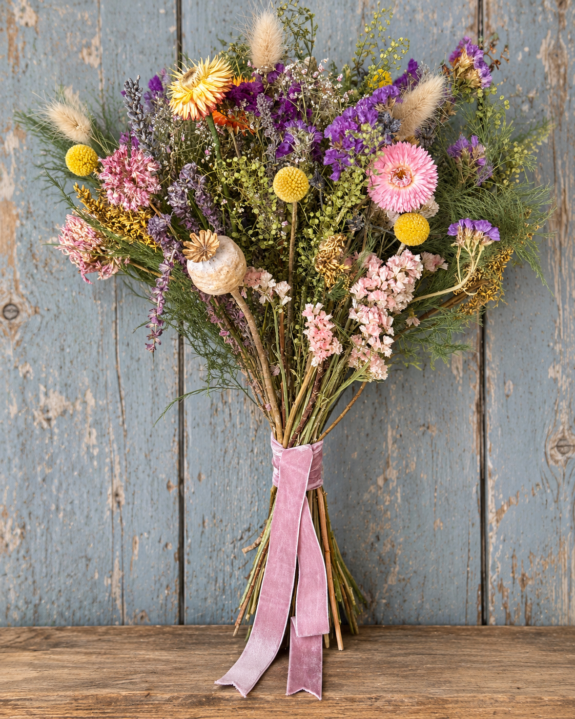 Colourful Scottish dried flower bouquet with seasonal flowers, grasses and pink ribbon