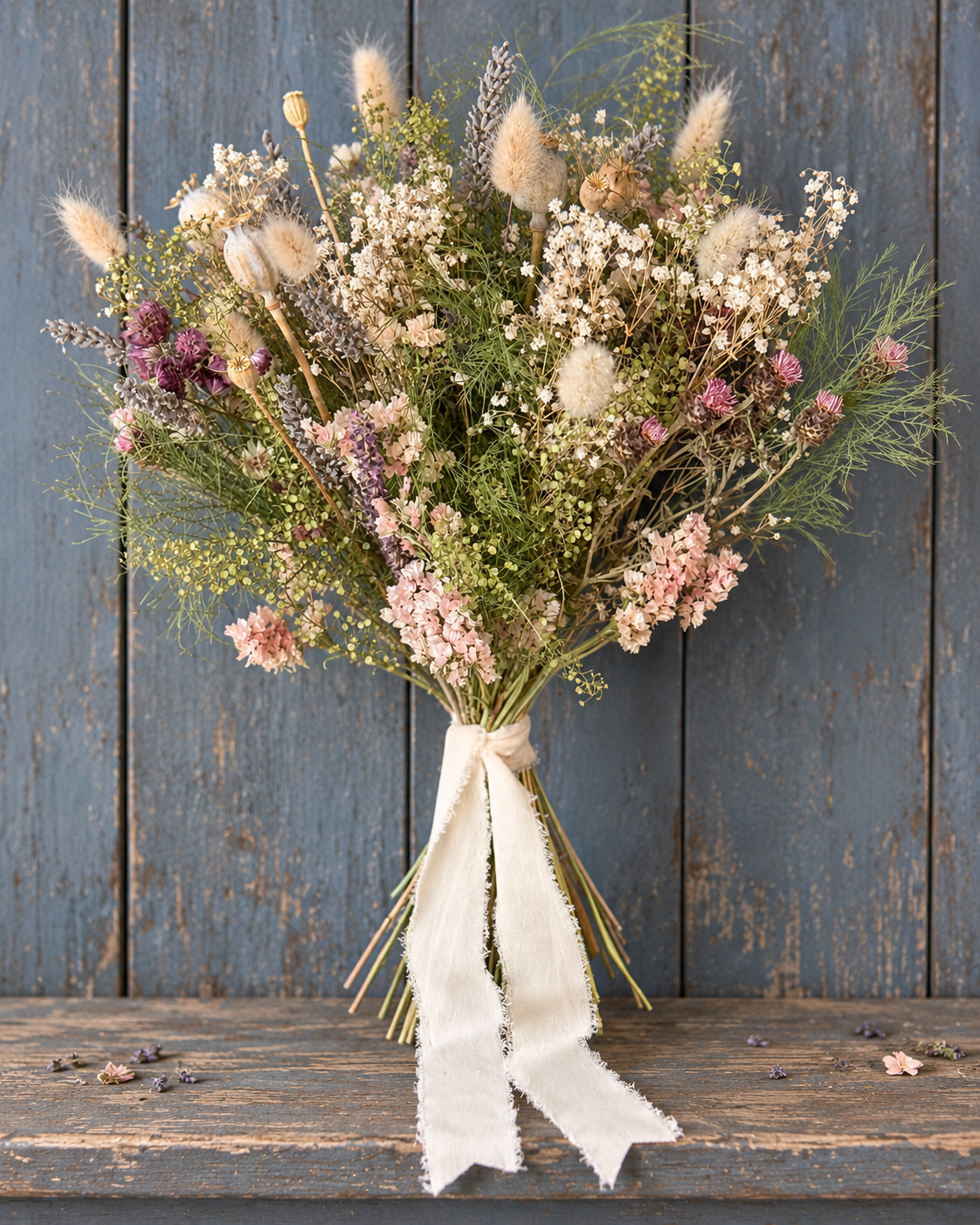 Handmade Scottish dried flower bouquet with colourful seasonal flowers and white ribbon