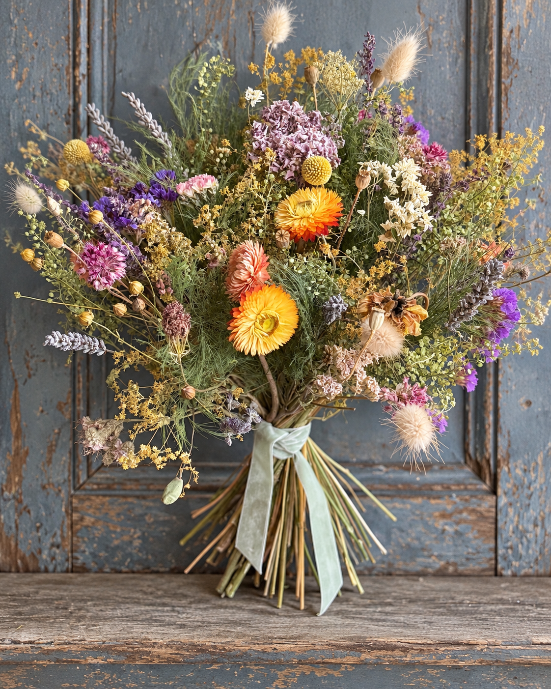 Luxury Scottish dried flower bouquet with seasonal flowers, grasses and green ribbon